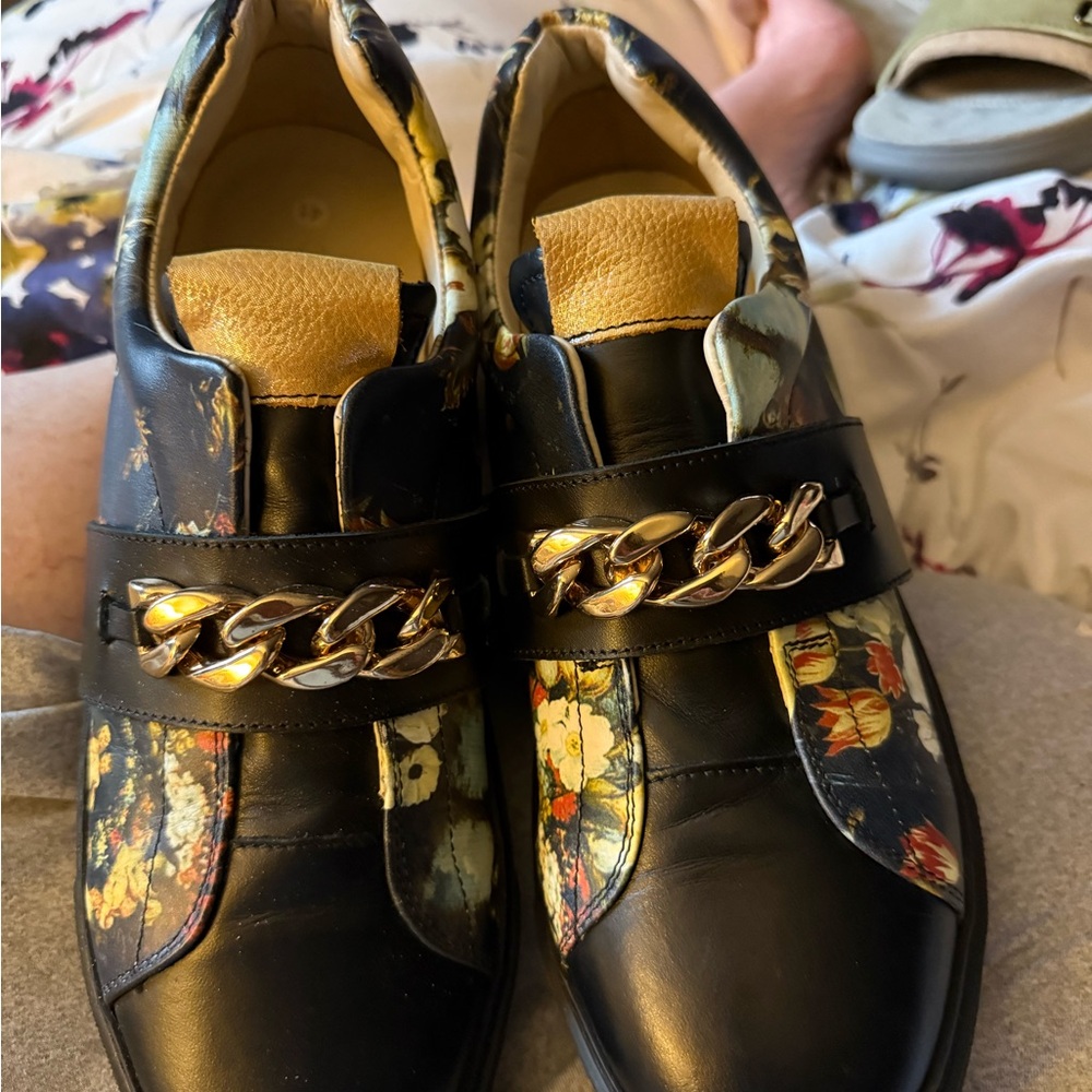 Custom Girotti Milano Floral Black Leather Sneakers with Chain Detail